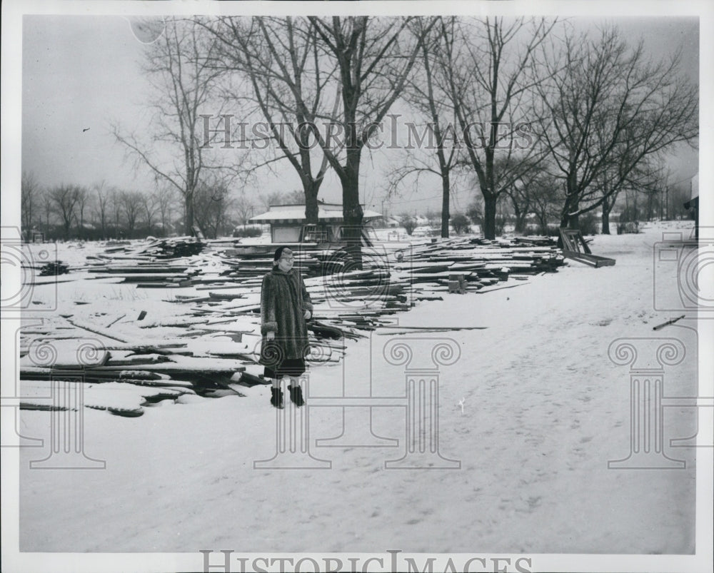 1953 Mildred Stark Mayor Of E Detroit Standing In Snow By Lumber - Historic Images