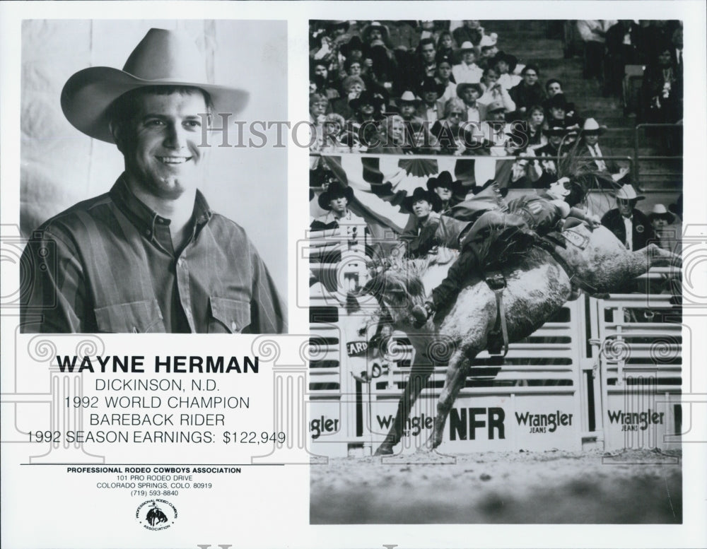 1993 Press Photo Wayne Herman,1992 World Champion Bareback Rider - Historic Images