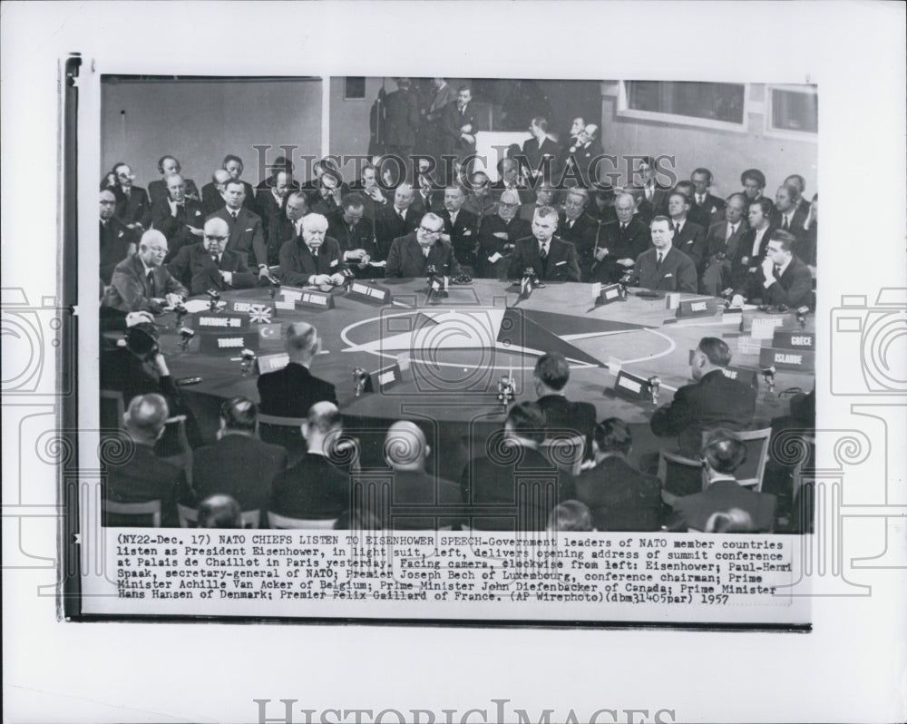 1957 Press Photo Nato Cheifs listen to Eisenhower speak in Paris treaties - Historic Images