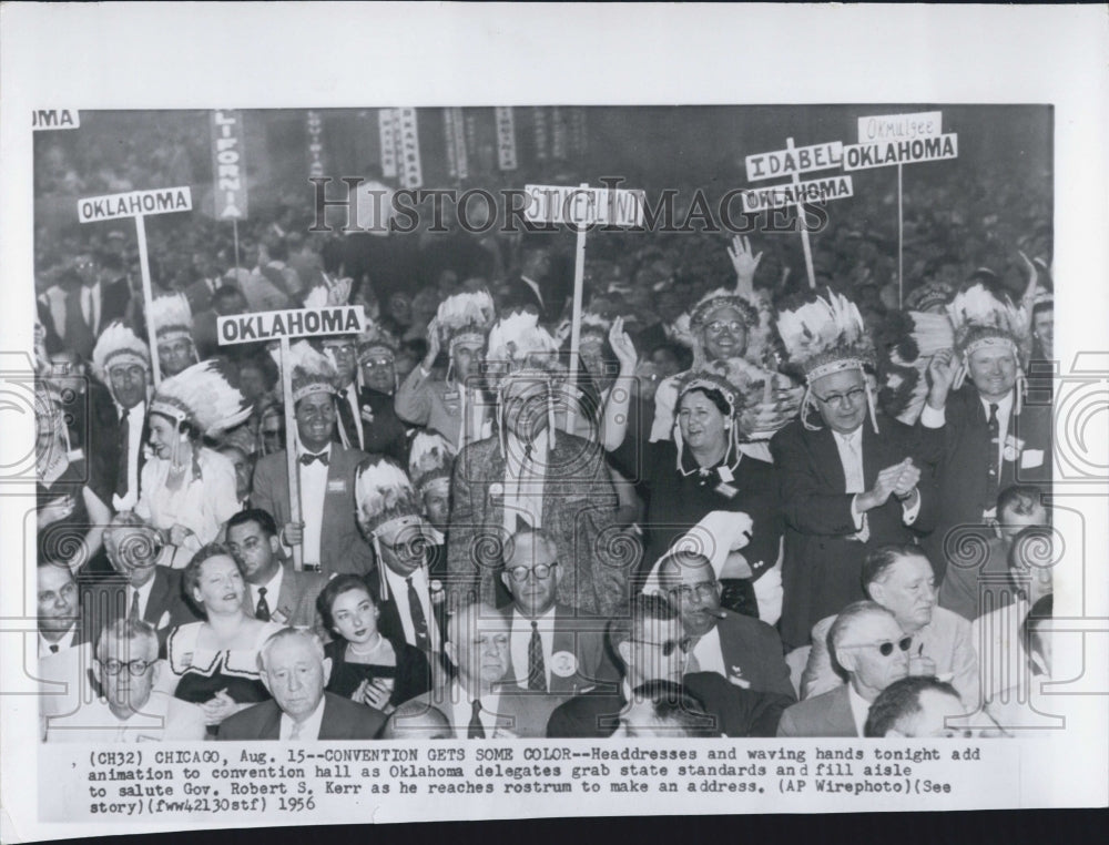 1956 Press Photo OK Convention Hall Men Wear Headdresses Salute Gov Robert Kerr - Historic Images