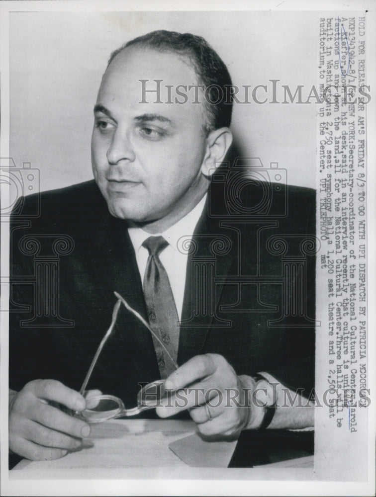 1962 Press Photo Secretary-Coordinator National Cultural Center Jarold A. Kieffe - Historic Images