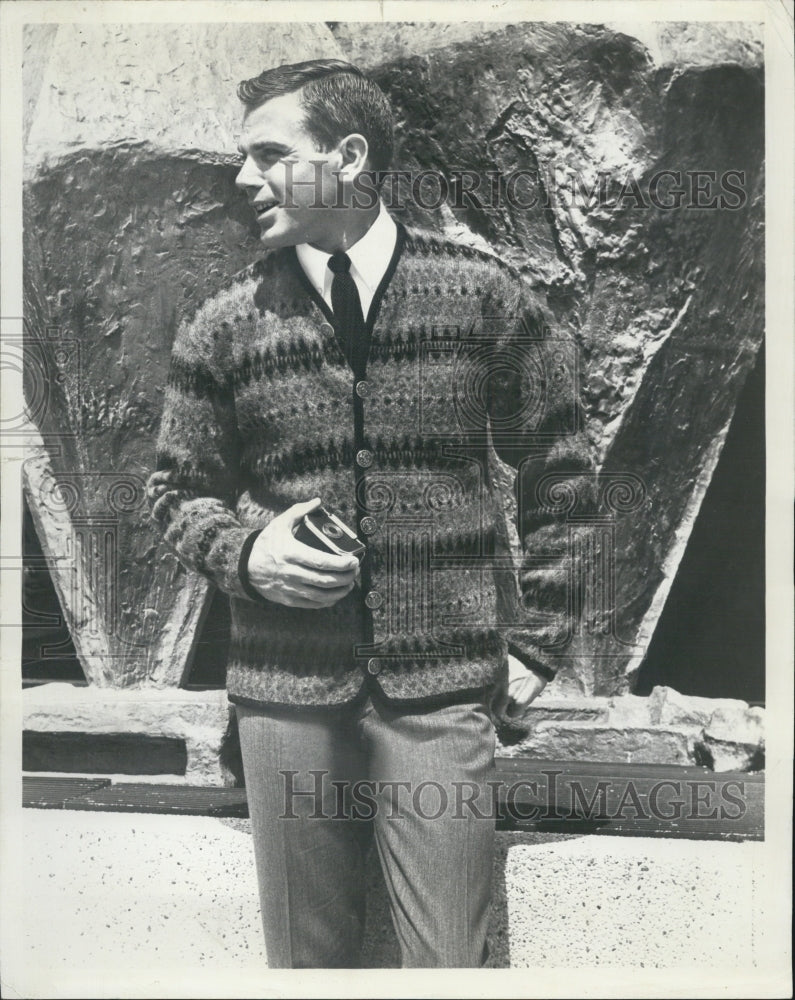 1963 Casual Cardigan Alpine Design Wool Mohair Nylon Men Sweatshirt - Historic Images