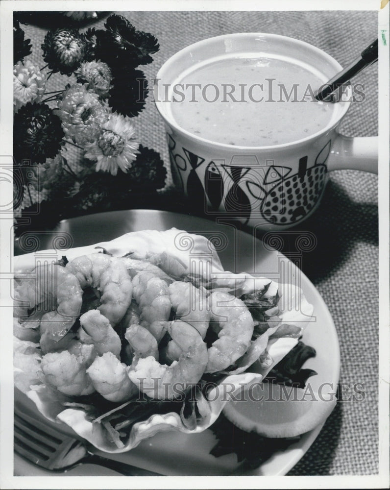 1987 Press Photo Shrimp Marinated In Dill And Garlic Flavored White Wine Dish - Historic Images