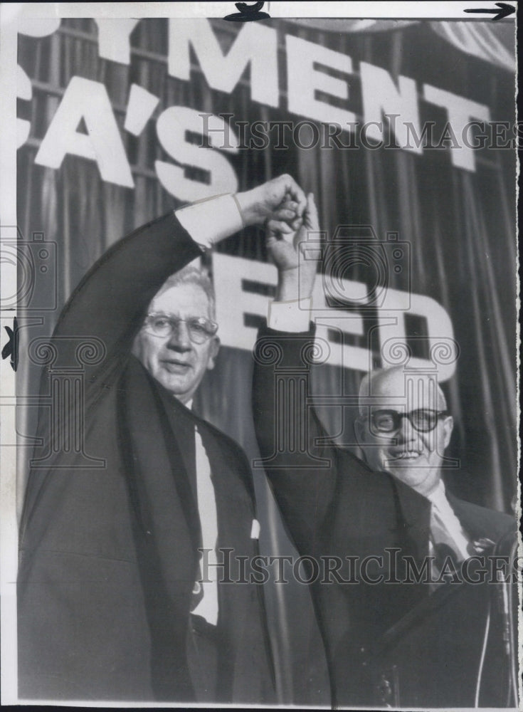 1959 Press Photo President George Meany raising the hand of Paul Douglas - Historic Images