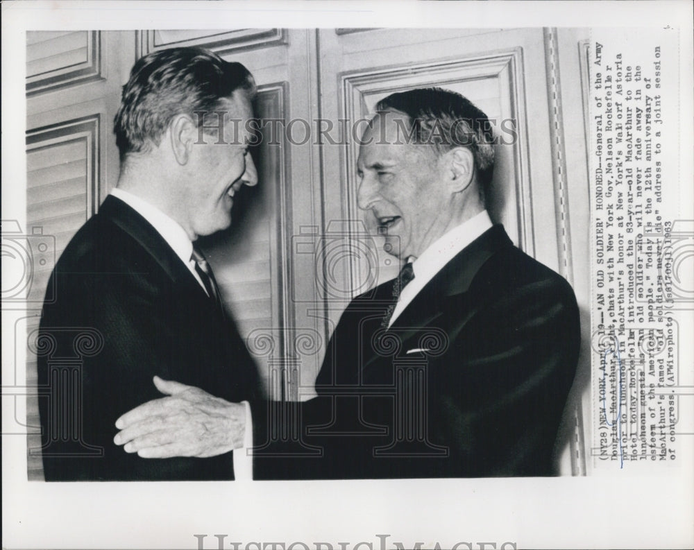 1963 Press Photo General Douglas MacArthur Army New York Gov. Nelson Rockefeller - Historic Images