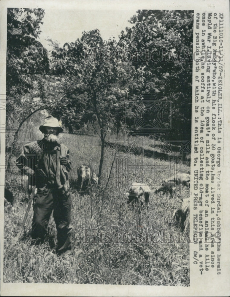 1957 Press Photo George voytek sudel hermit of Big muddy with Flock of Goats - Historic Images