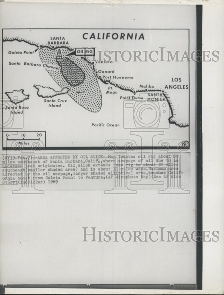1969 map oil rig California seepage underseas leak originates - Historic Images