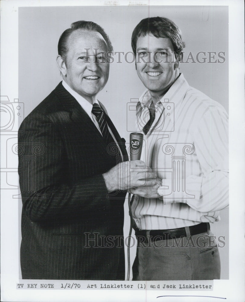 1970 Art Linkletter and Son, Jack Linkletter holding NBC microphone - Historic Images