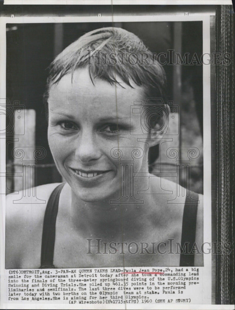 1960 Paula Jean Pope, 24 has lead in 3 meter Springboard diving - Historic Images