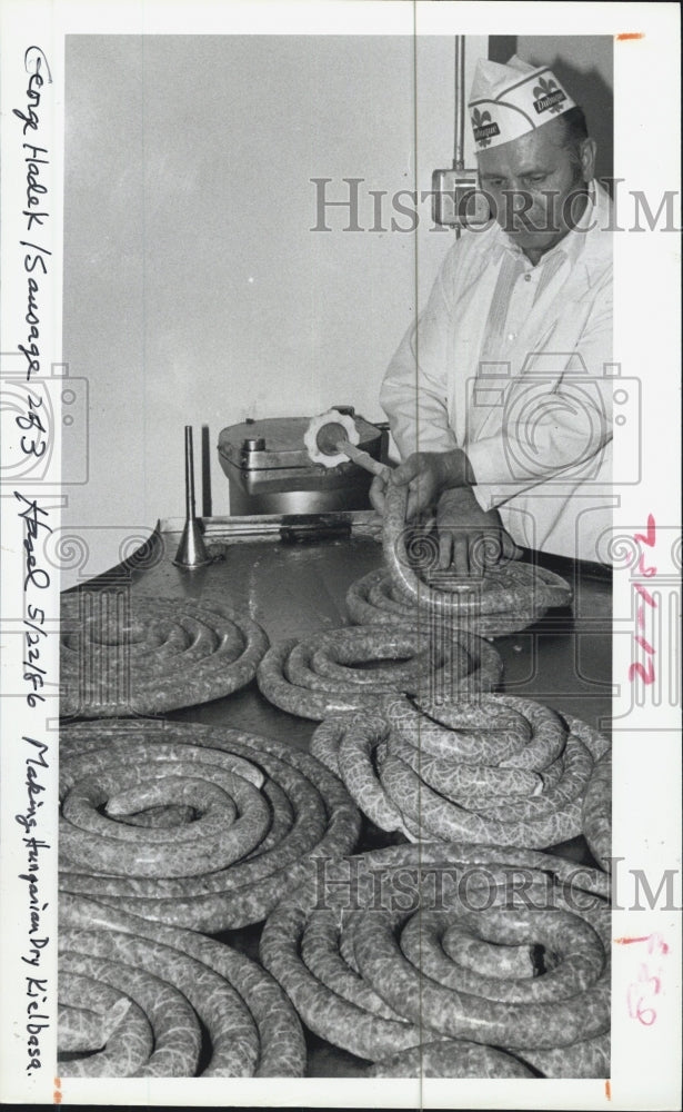 1986 Press Photo Hungarian Dry kielbasa is made with the aid of machine. - Historic Images