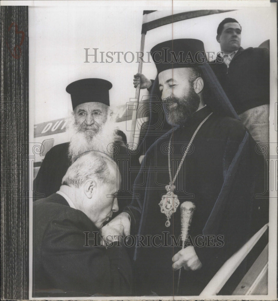1958 Bishop Makarios Hand Getting Kissed Deplaning - Historic Images