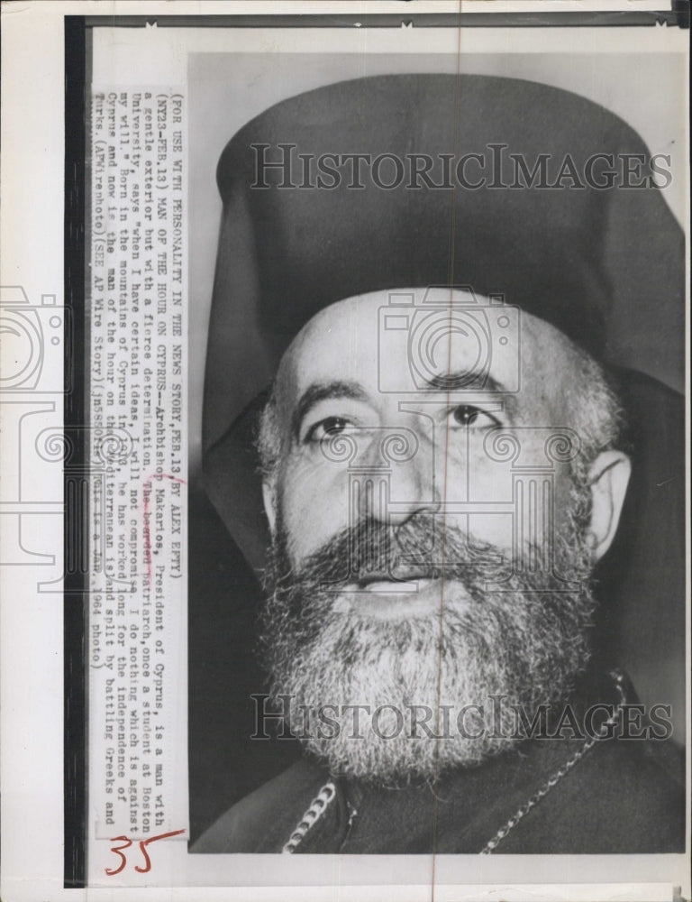 1964 Press Photo Archbishop Makarios, President of Cyprus - Historic Images