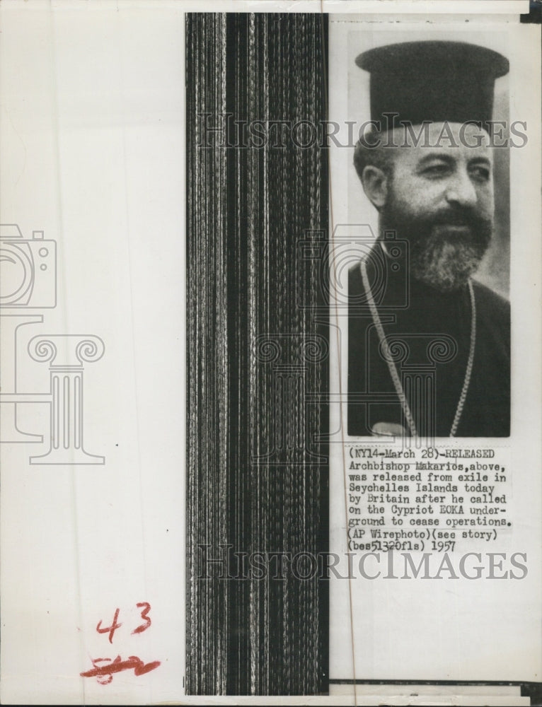 1957 Archbishop Makarios released from exile Seychelles Islands by - Historic Images