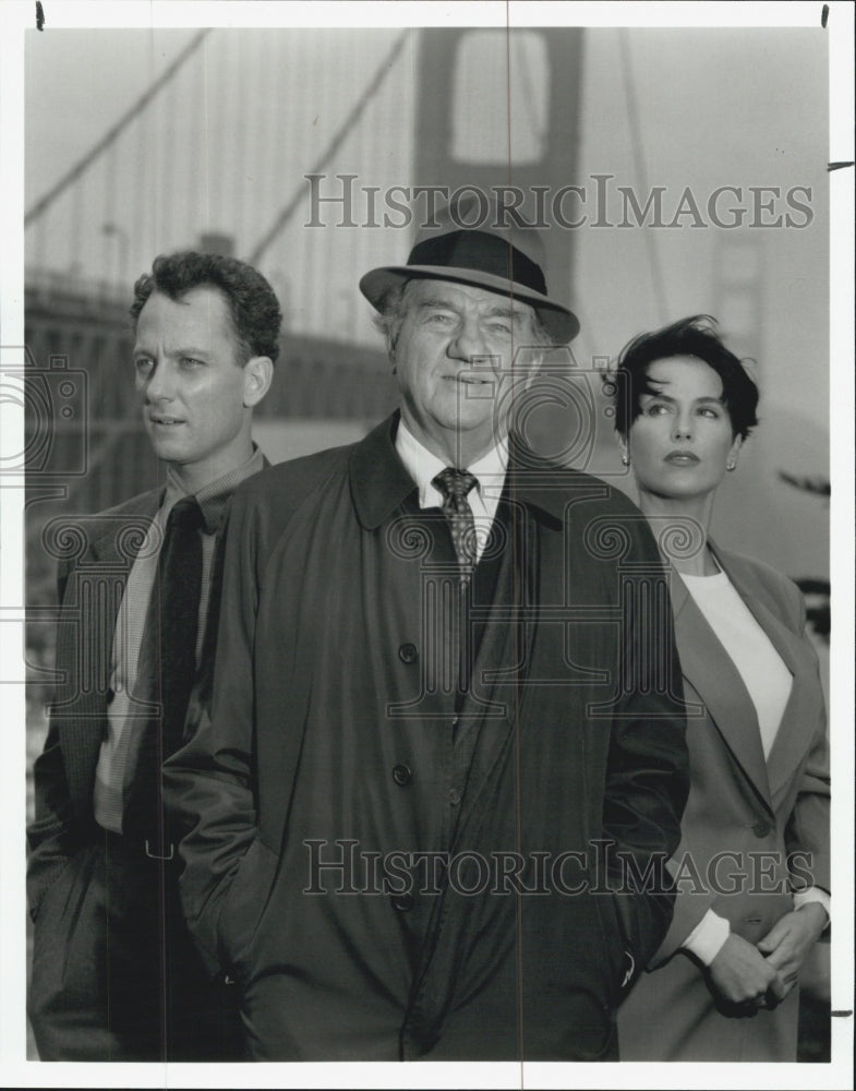 1992 Press Photo Actors Conor O&#39;Farrell,Karl Malden,Debrah Farentino - Historic Images