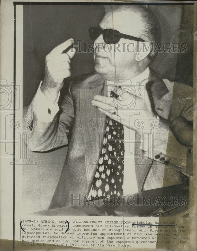 1973 Press Photo Nicholas Makarezos, Deputy Greek Premier Announces Resignation - Historic Images