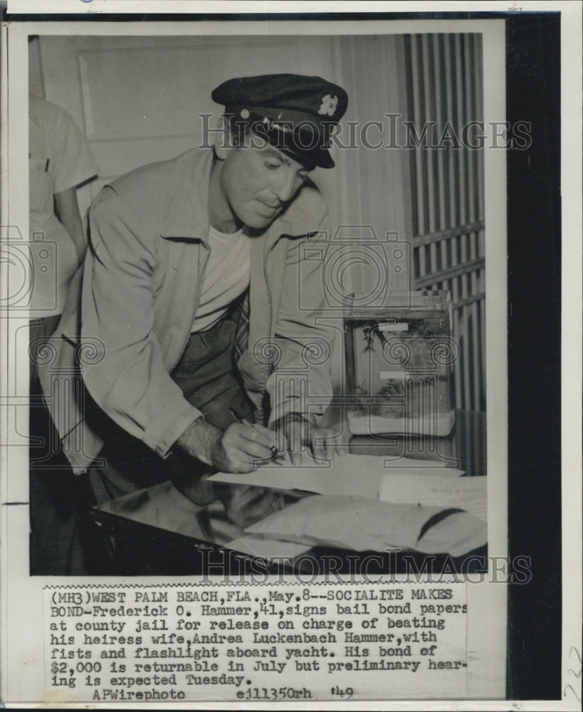 1949 Frederick Hamer signs bail bond at community jail release paper - Historic Images