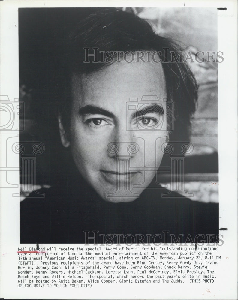 1990 Press Photo Neil Diamond AMERICAN MUSIC AWARDS Award of Merit - Historic Images