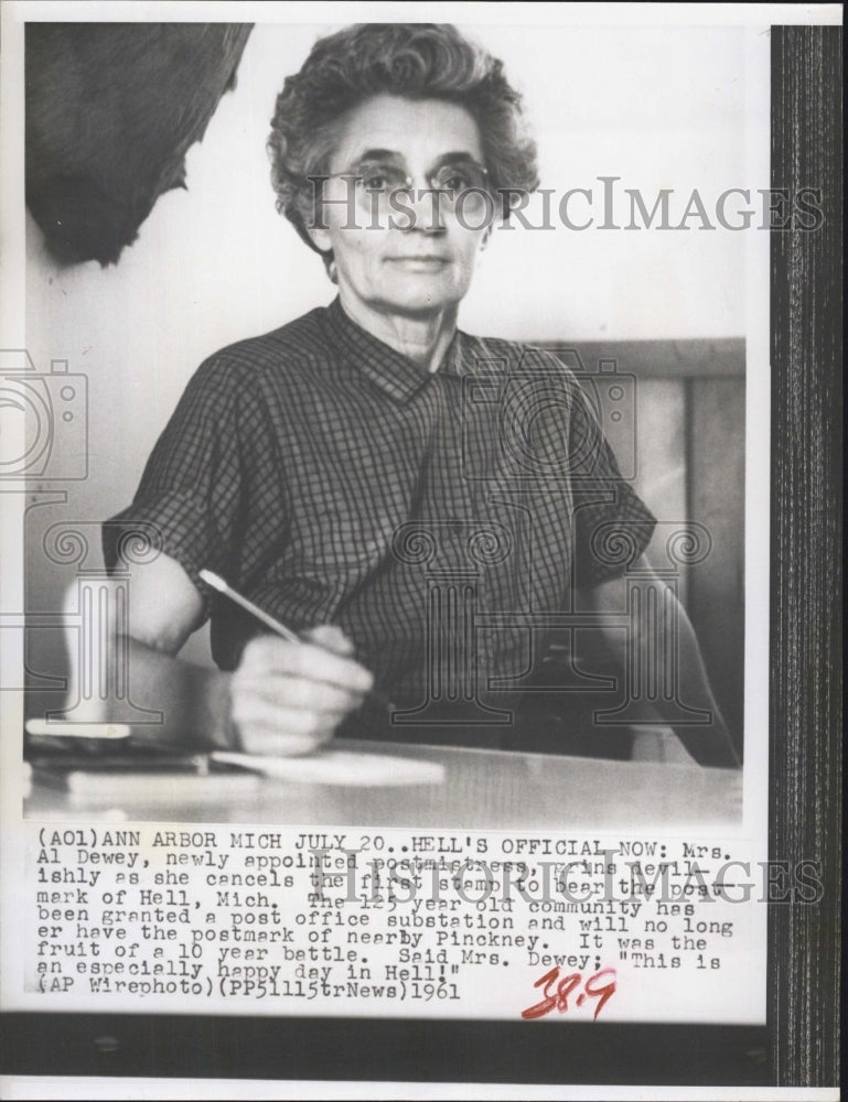 1961 Mrs. Al Dewey, Newly Appointed Postmistress of Hell, Michigan - Historic Images