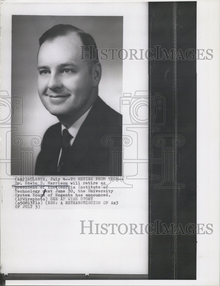 Press Photo Dr. Edwin Harrison Georgia Institute Technology President - Historic Images