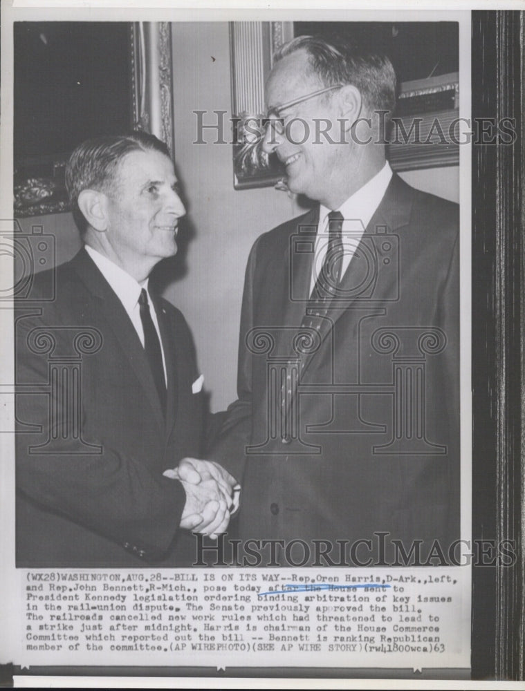 1963 Press Photo Rep. Oren Harris and John Bennett after Rail-Union Legislation - Historic Images