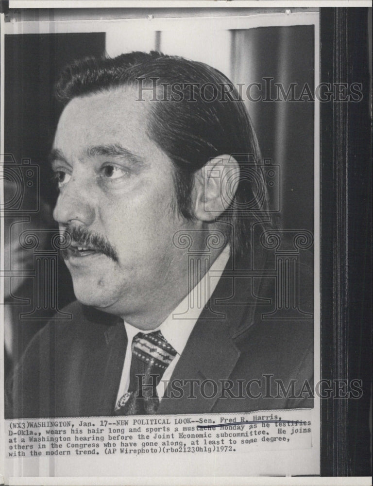 1972 Sen. Fred Harris wears his hair long and sports mustache as he testifies at a Washi - Historic Images