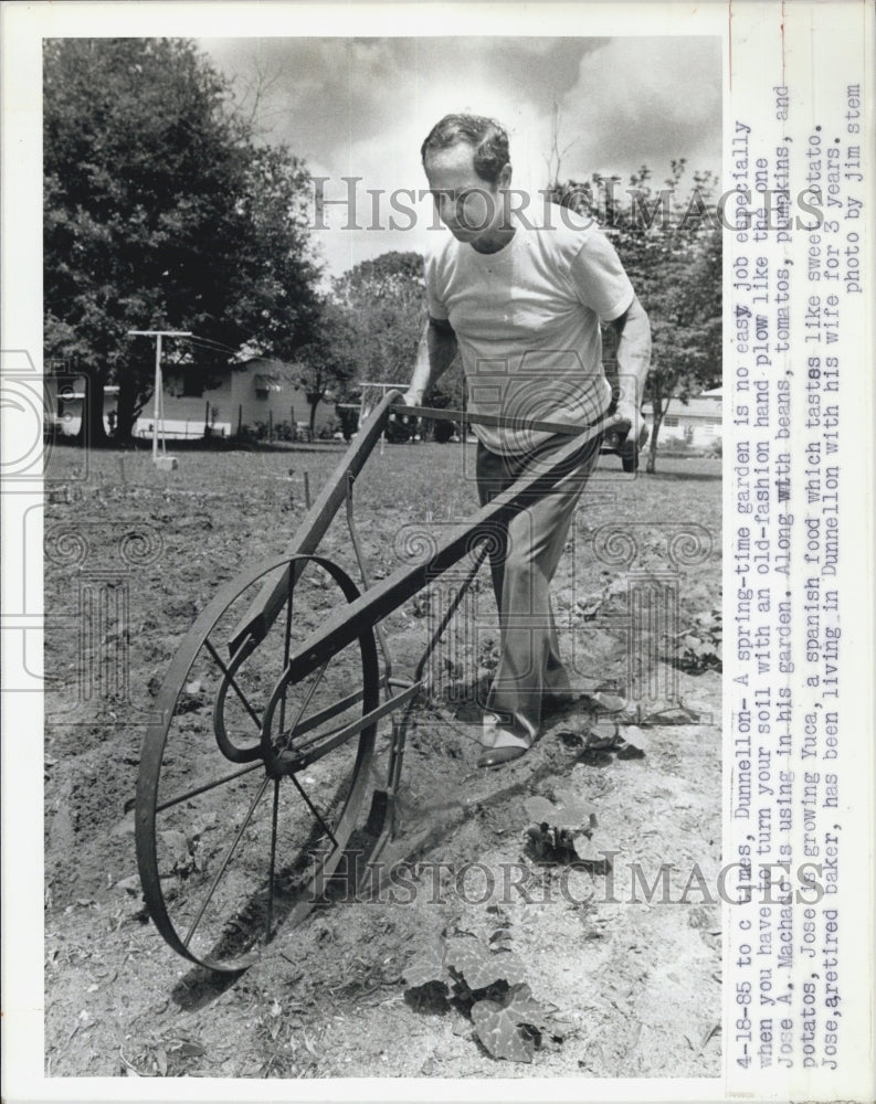 1985 Press Photo Jose Machacio Plows Old Fashion Way - Historic Images