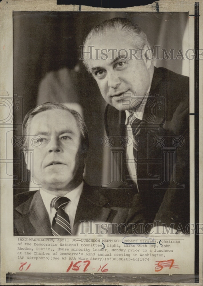 1974 Robert Strauss, Chairman DNC, Talks With John Rhodes At Lunch - Historic Images