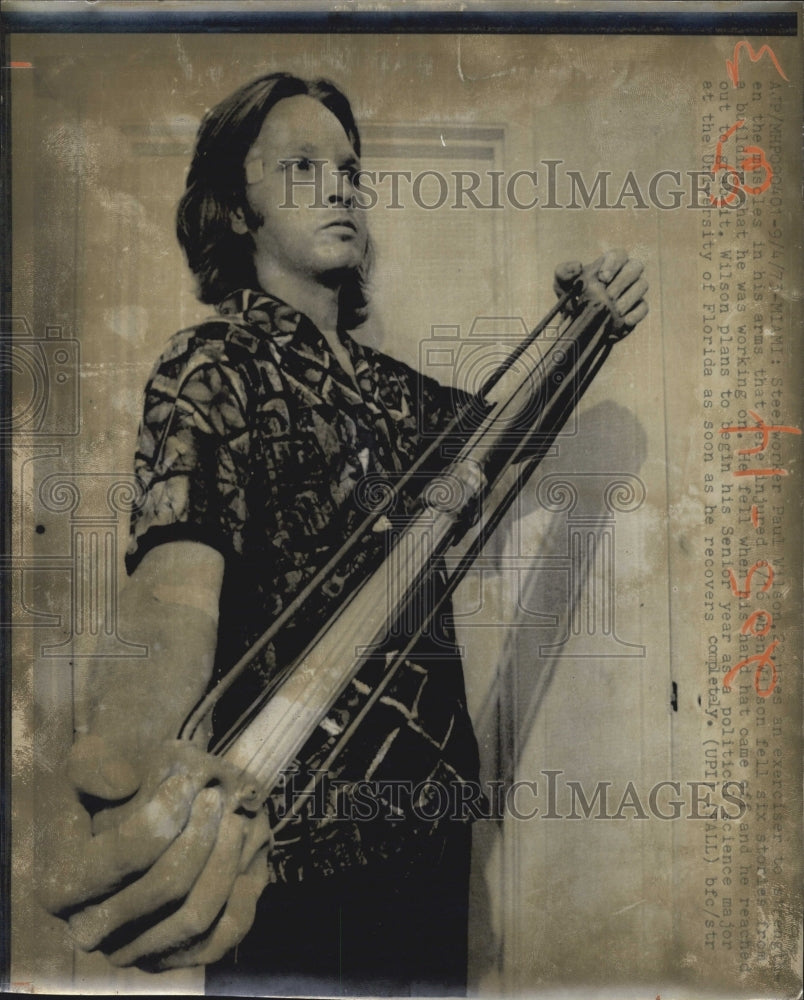 1974 Steelworker Paul Wilson & steel that injured him - Historic Images