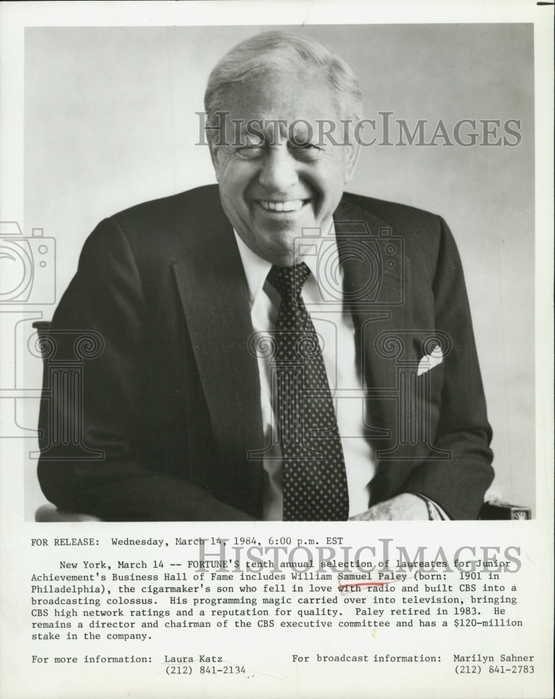 1984 Press Photo William Samuel Paley CBS Junior Achievement Business Hall Fame - Historic Images