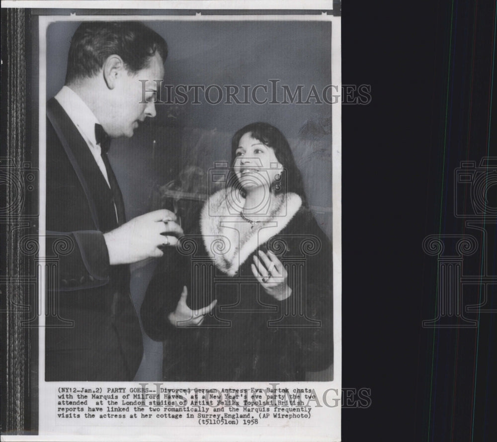 1958 Press Photo Eva Bartok/German Actress/Marquis Milford Haven - Historic Images