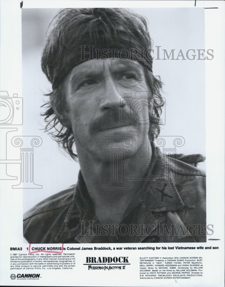 1987 Press Photo Chuck Norris Actor Martial Artist Braddock Missing Action II - Historic Images