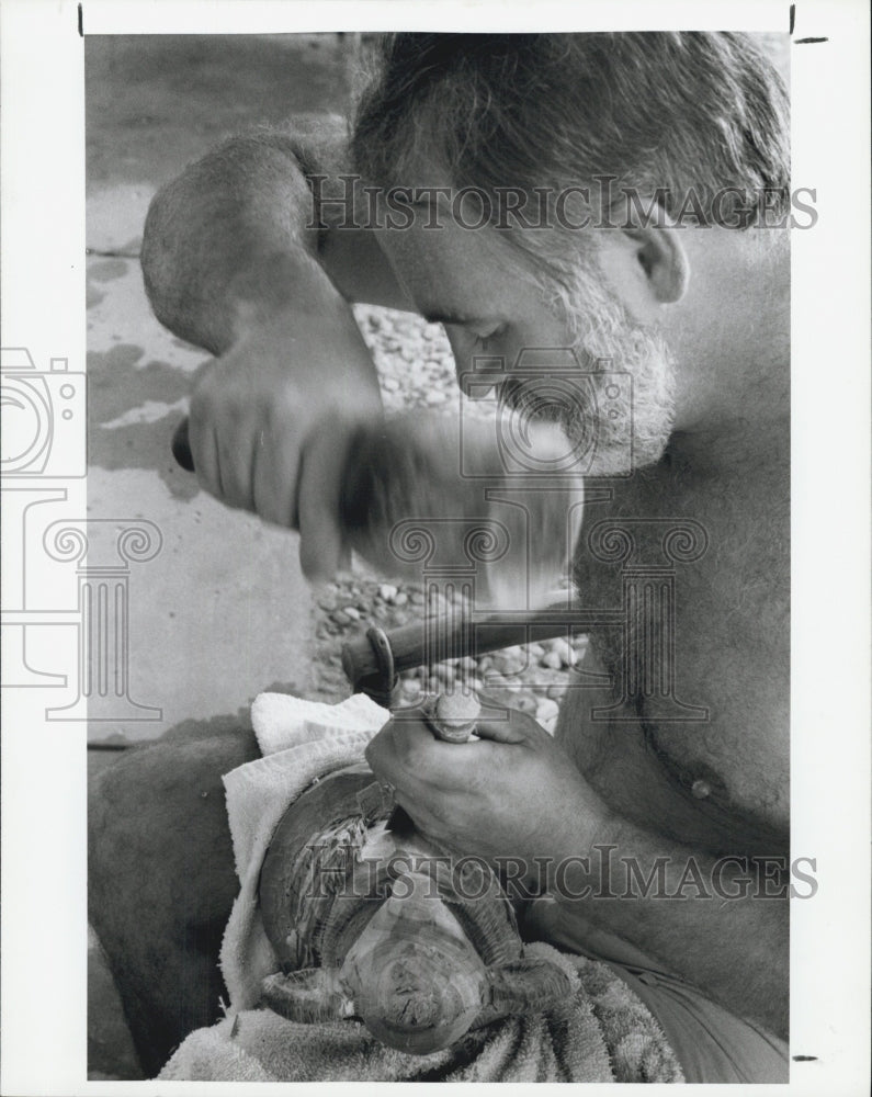 1989 Press Photo Bob Hudson Carving A Koala Our Of Eucalyptus Wood - Historic Images