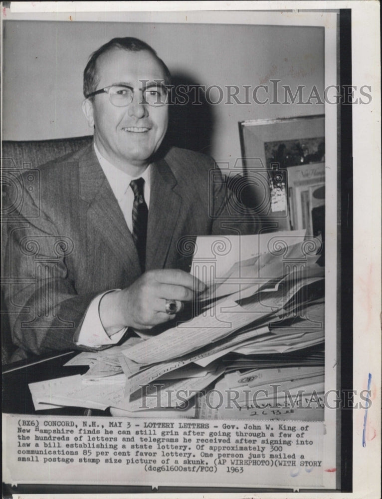 1963 Gov John W King New Hampshire Establish Lottery - Historic Images