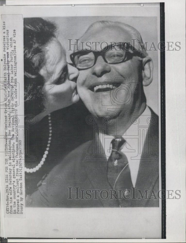1969 New Zealand Prime Minister gets kiss from wife Keith Holyoake - Historic Images