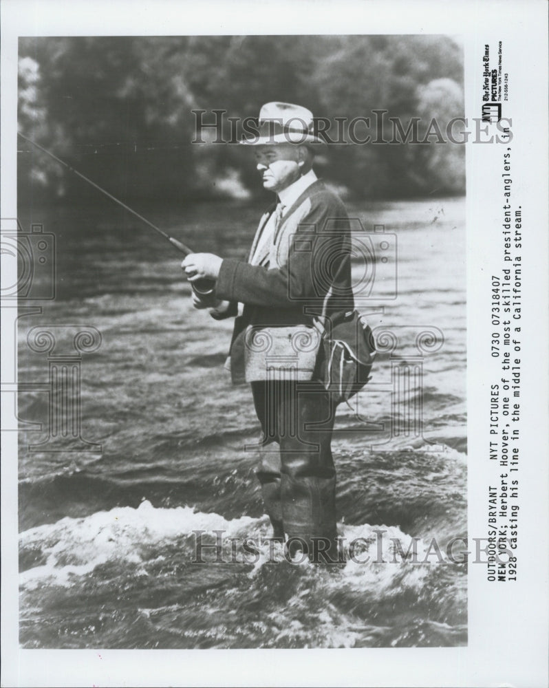 1928 Herbert Hoover Casting His Line In Middle Of California Stream - Historic Images