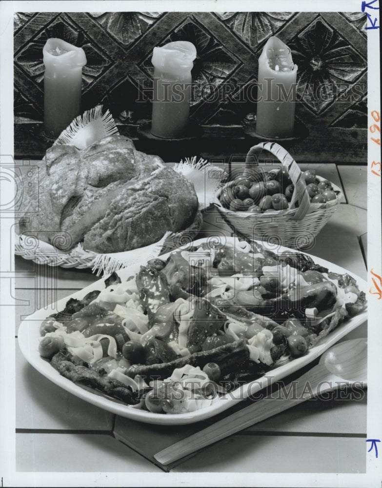 Press Photo Pimento stuffed olives pork and noodle Dinner - Historic Images