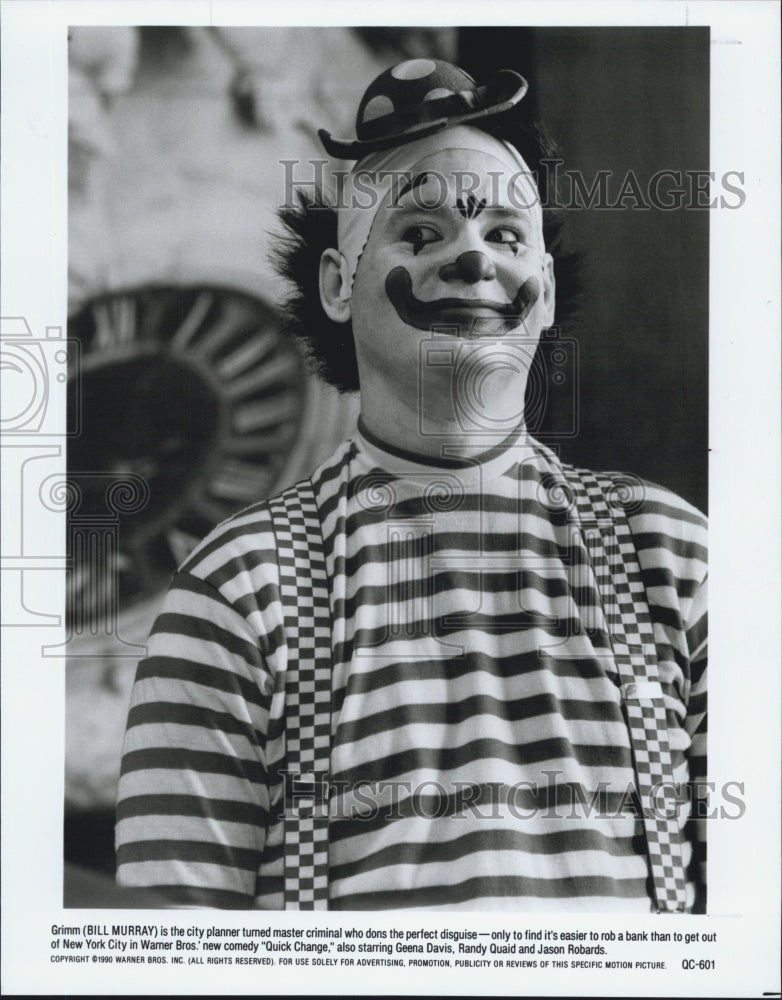 1990 Press Photo Quick Change Star Bill Murray In Clown Costume COPY With Geena - Historic Images