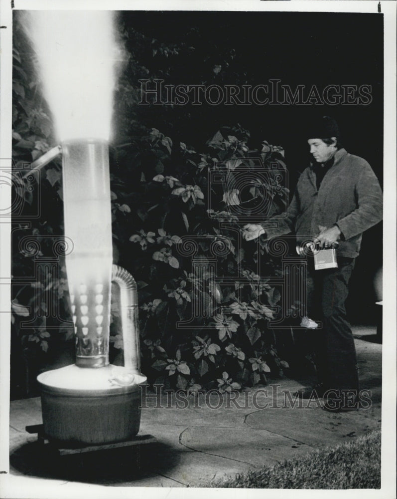 1978 Ray Turner checks Sunken Garden poinsettia light of smudge pot. - Historic Images