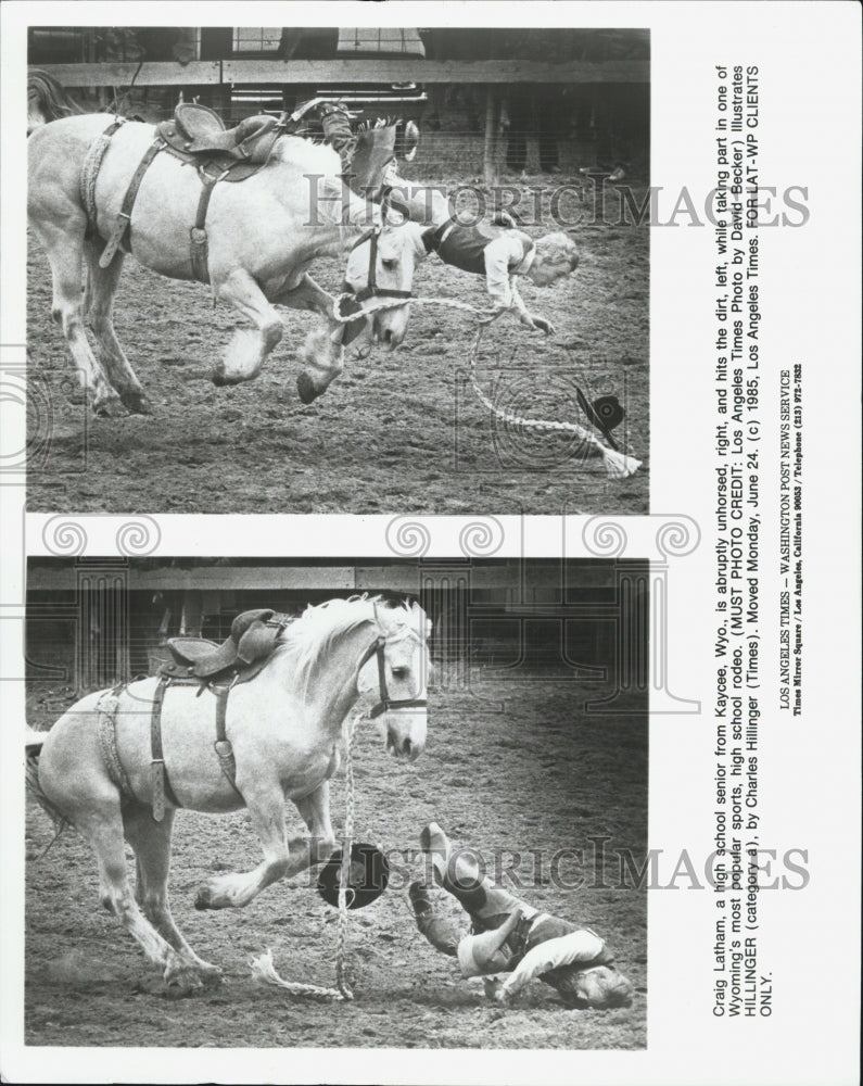 1985 Press Photo Craig Latham unhorsed dirt Wyoming high school rodeo - Historic Images