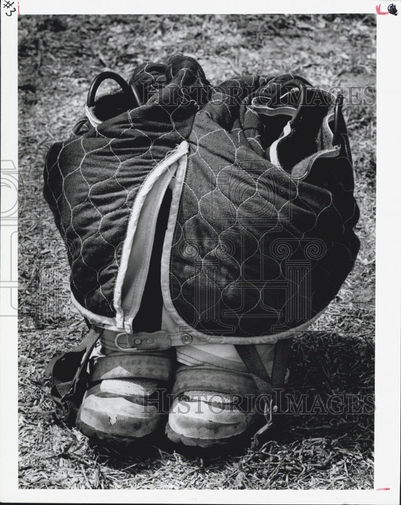 1988 Press Photo Firefighter's boots ready for next assignments. - Historic Images