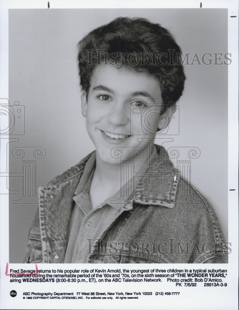 1992 Press Photo Fred Savage stars in "The Wonders Years" - Historic Images