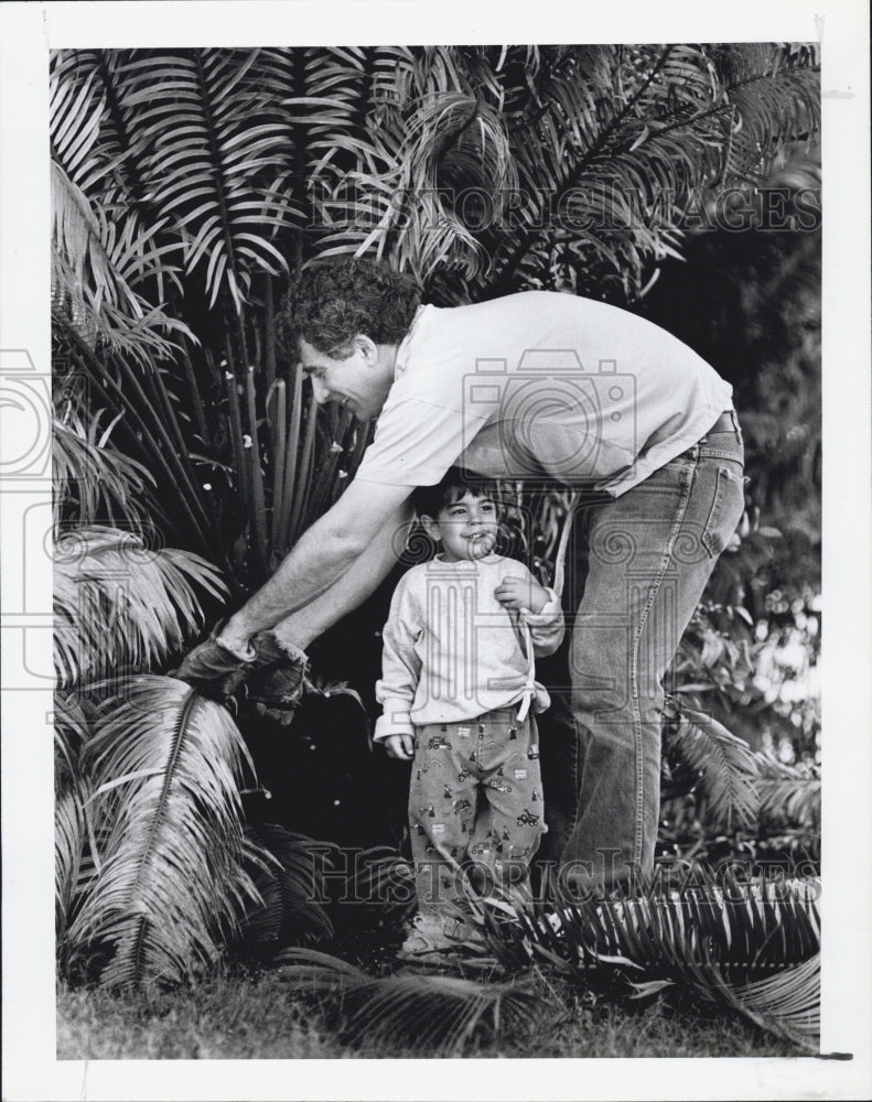 1990 Press Photo Jim Alexander cuts freeze-damaged fonds from a palm tree at hom - Historic Images