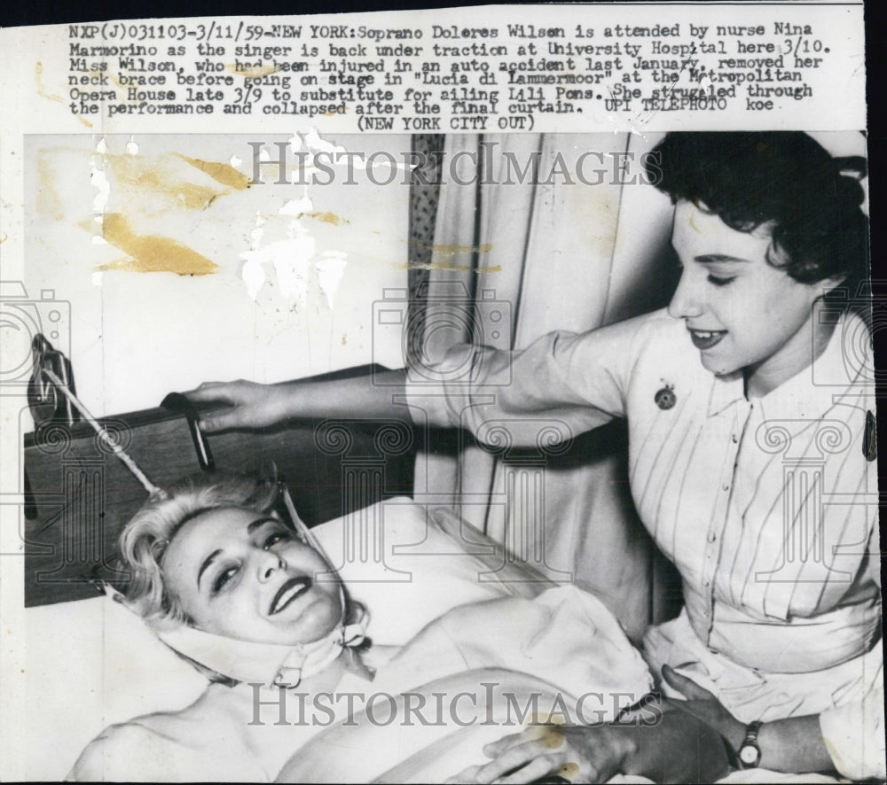 1959 Press Photo Soprano Dolores Wilson attended by nurse Nina Marmorino - Historic Images