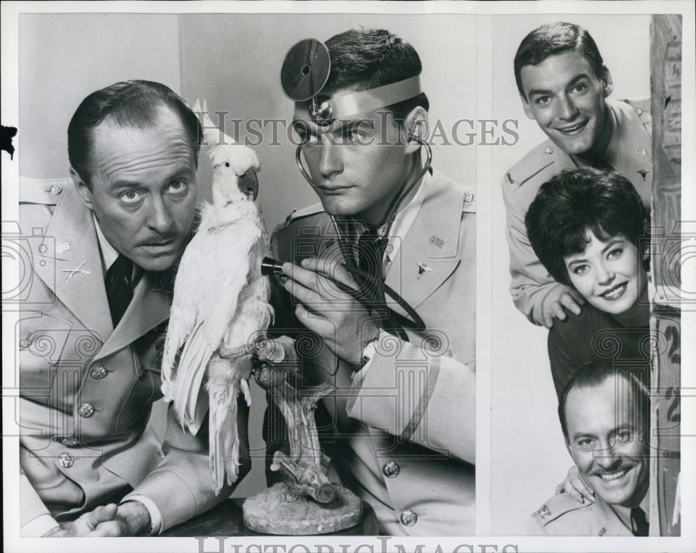 1963 3 Actors TV Show Movie Military Doctor Stethoscope Parakeet - Historic Images