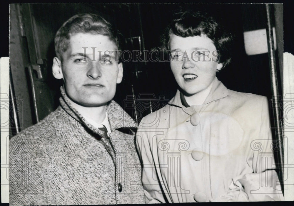 1952 Ronald Fattibene &amp; Joan Hines leaving South Station Boston - Historic Images