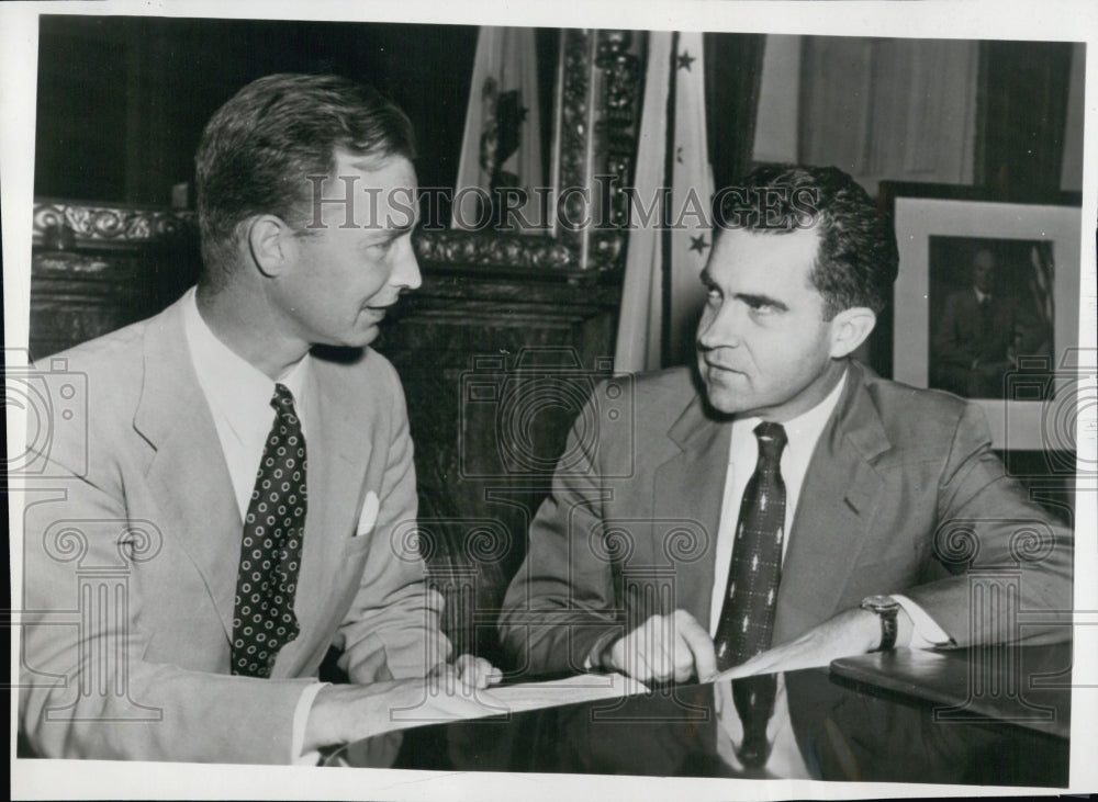 1953 Christian Herter Jr. chatting with VP Richard Nixon - Historic Images