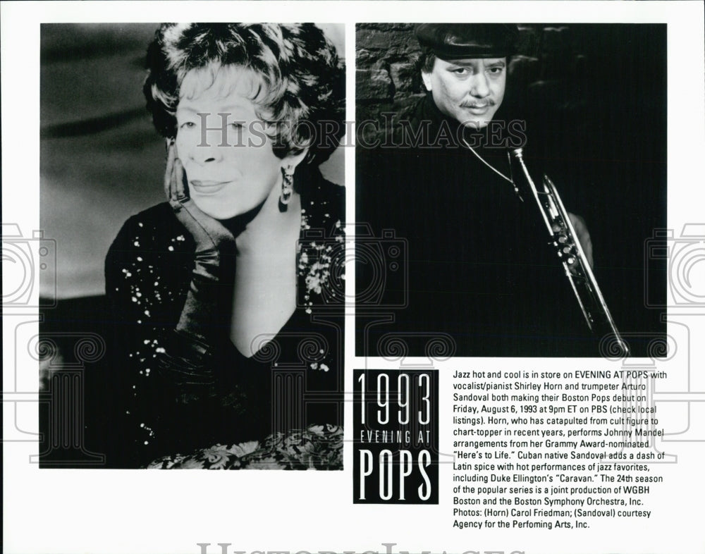 1993 Press Photo Jazz Pianist Shirley Horn Trumpeter Arturo Sandoval Boston Pops - Historic Images