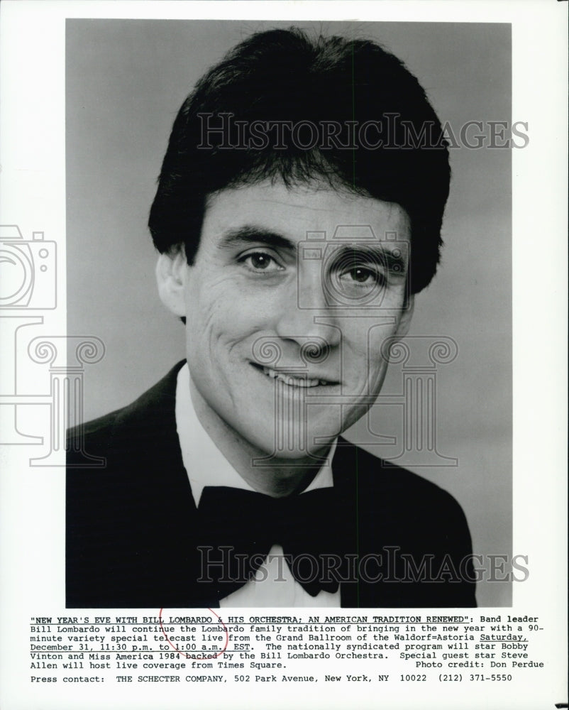 1984 Press Photo Bill Lombardo, nephew of Guy, hosts CBS New Year's Eve show - Historic Images