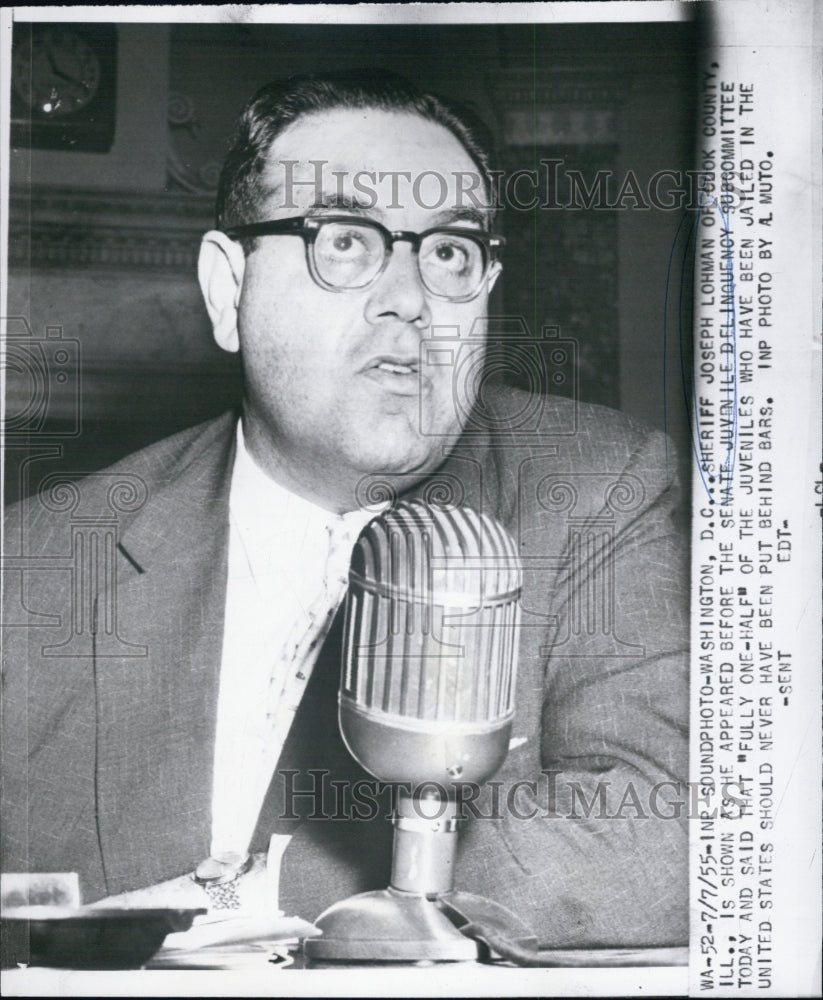 1955 Press Photo Sheriff Joseph Lohman appeared before Senate committee. - Historic Images