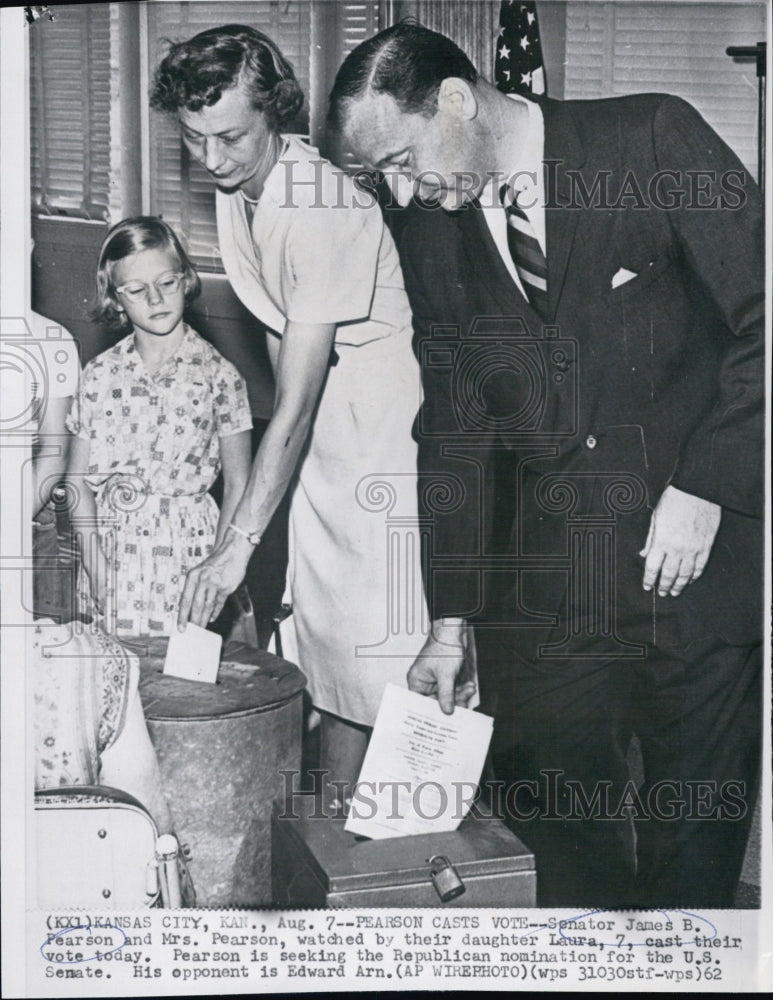 1962 Senator James B Pearson Votes with Wife and Daughter,Laura - Historic Images